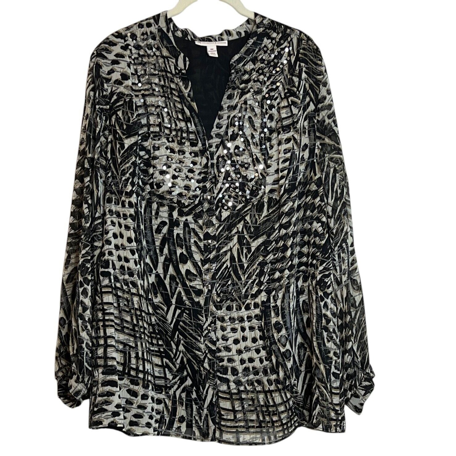 Jm Collection Womens Blouse Size 18w Black Beige Sequined Lined Sheer Chiffon